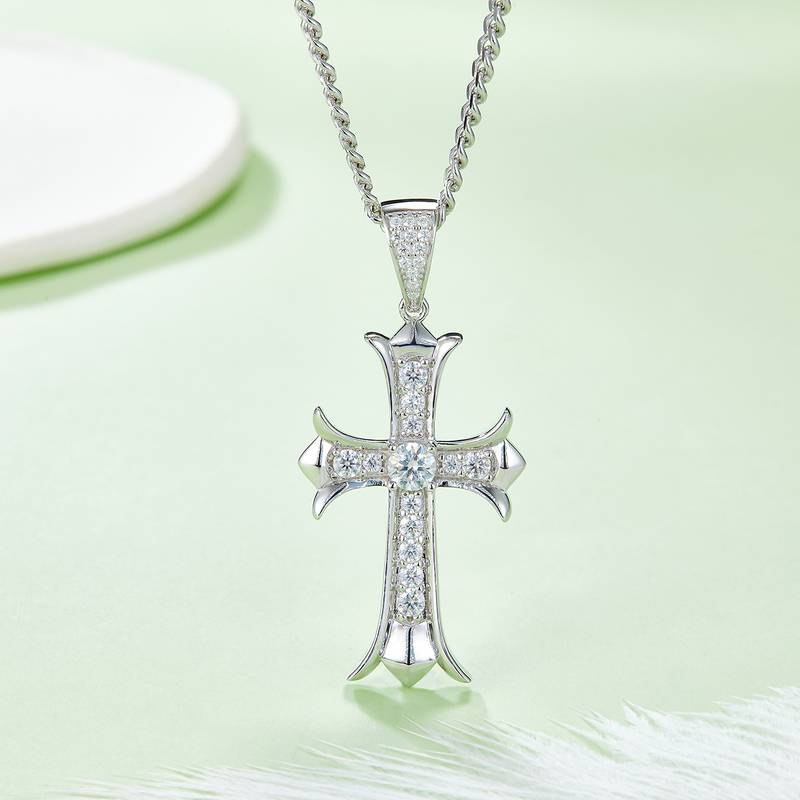 复古十字架NecklaceS925银PendantMoissanite5.0mmD级